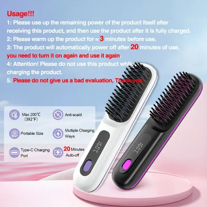 Cordless Hair Straightener Brush, Rapid heating, Hot Comb Hair Straightener for Women, Lightweight, Type-C Charging Port, Anti-Scald, Lightweight, USB Rechargeable
