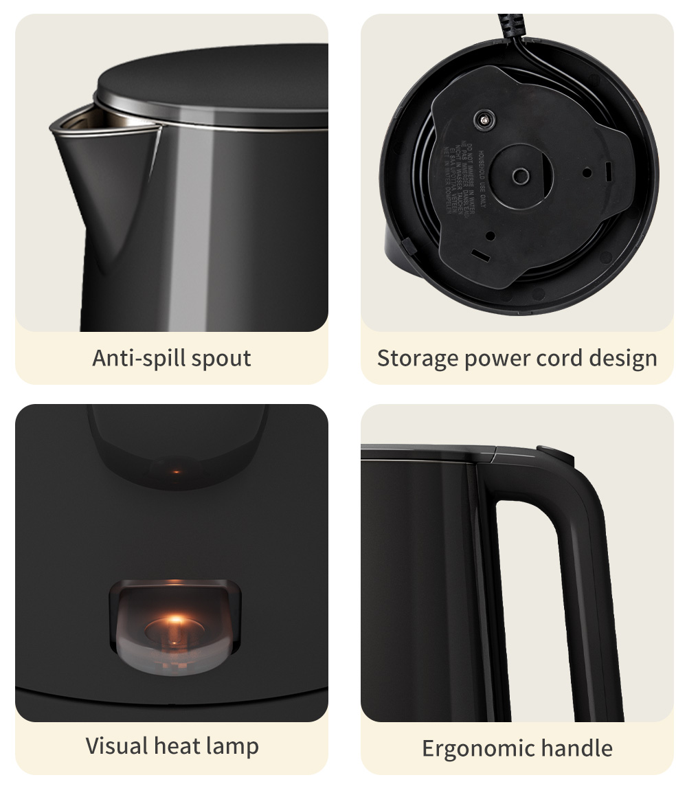 Simplus 1.7L Electric Kettle | 1500W Fast Heating | 304 Stainless Steel Inner | Double-layer Anti-Dry Burn Protection