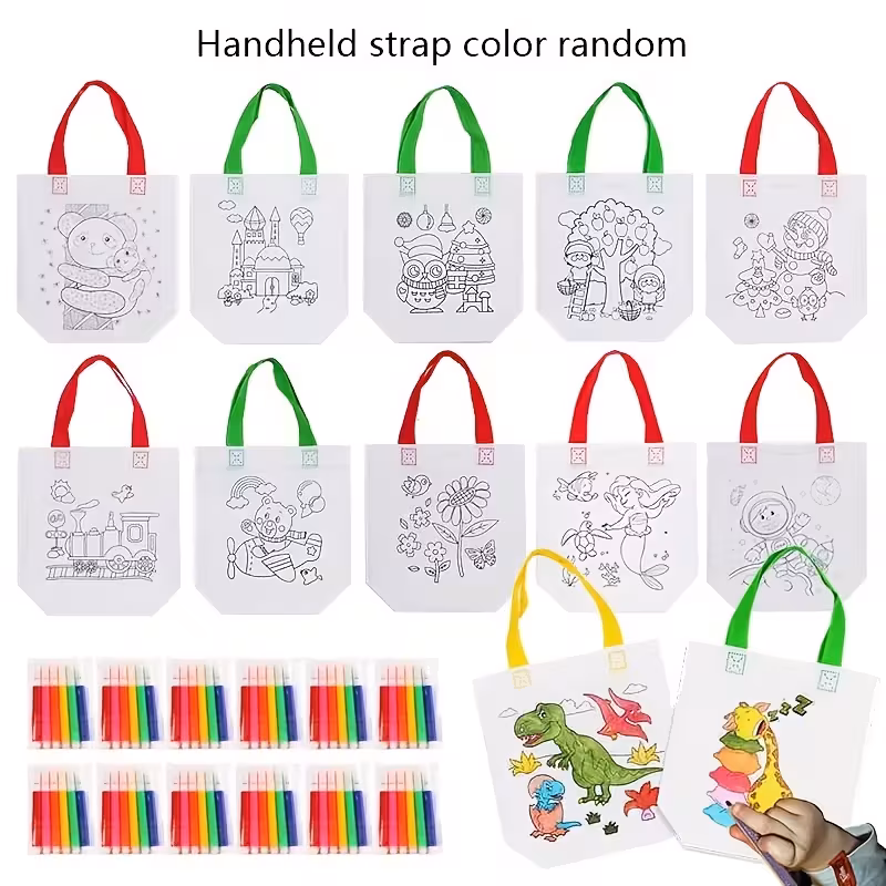 24pcs DIY Graffiti Canvas Gift Bags - Reusable Non-Woven Mini Tote with 12 Carnival Animal Designs, Dual Handles for Shopping, Storage & Party Favors (Green & Red), Festive Accessories, Vibrant Prints, Lightweight Construction, Event Organizers